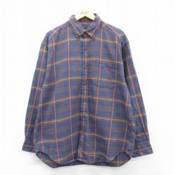 XL★古着 長袖 シャツ メンズ 00年代 00s ロング丈 コットン ボタンダウン 紺他 ネイビー チェック 25mar26 中古 トップス