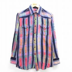 M★古着 長袖 ウエスタン シャツ メンズ 90年代 90s コットン USA製 紺他 ネイビー ストライプ 25mar26 中古 トップス