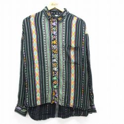 XL★古着 長袖 シャツ メンズ 大きいサイズ レーヨン 黒他 ブラック ストライプ 25mar26 中古 トップス