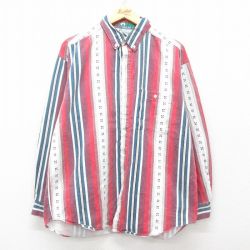 XL★古着 長袖 シャツ メンズ 90年代 90s コットン ボタンダウン 白他 ホワイト ストライプ 25mar28 中古 トップス