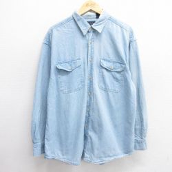 XL★古着 ベーシックエディションズ 長袖 シャツ メンズ 00年代 00s ロング丈 コットン 薄紺 ネイビー デニム 25mar28 中古 トップス