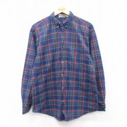 XL★古着 長袖 シャツ メンズ 00年代 00s コットン ボタンダウン 紺 ネイビー チェック 25mar31 中古 トップス