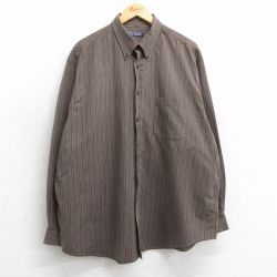 XL★古着 長袖 シャツ メンズ 00年代 00s 大きいサイズ ロング丈 コットン ボタンダウン 茶他 ブラウン ストライプ 25apr03 中古 トップス