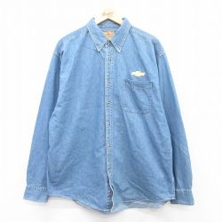 XL★古着 長袖 シャツ メンズ シボレー ロング丈 コットン ボタンダウン 紺 ネイビー デニム 25apr09 中古 トップス