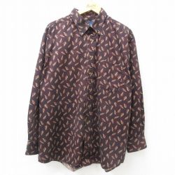 XL★古着 タウンクラフト 長袖 シャツ メンズ 総柄 大きいサイズ ロング丈 コットン ボタンダウン 黒他 ブラック 25apr09 中古 トップス