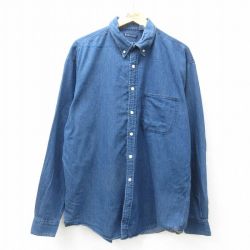 XL★古着 長袖 シャツ メンズ 90年代 90s 大きいサイズ ロング丈 コットン ボタンダウン USA製 紺 ネイビー デニム 25apr09 中古 トップス