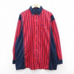 XL★古着 MO BETTA 長袖 シャツ メンズ 大きいサイズ ロング丈 コットン ボタンダウン 赤他 レッド ストライプ 25apr11 中古 トップス