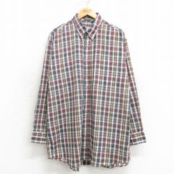 XL★古着 長袖 シャツ メンズ 90年代 90s 大きいサイズ ロング丈 ボタンダウン 緑他 グリーン チェック 25apr14 中古 トップス