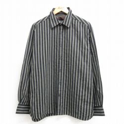 【20%OFF】XL★古着 ペリーエリス 長袖 シャツ メンズ コットン 黒他 ブラック ストライプ 25apr14 中古 トップス