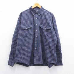 XL★古着 長袖 シャツ メンズ 大きいサイズ コットン ボタンダウン 紺他 ネイビー チェック 25apr17 中古 トップス