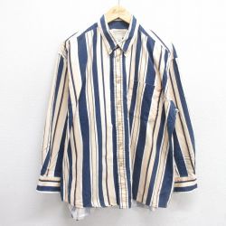 XL★古着 長袖 シャツ メンズ 90年代 90s 大きいサイズ コットン ボタンダウン 紺他 ネイビー ストライプ 25apr18 中古 トップス