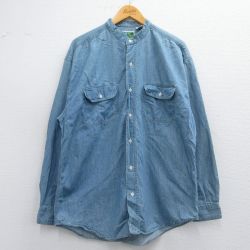 XL★古着 長袖 シャツ メンズ 00年代 00s コットン ノーカラー 薄紺 ネイビー デニム 【spe】 25apr19 中古 トップス
