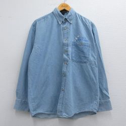 L★古着 長袖 シャツ メンズ ラスベガス 花 コットン ボタンダウン 薄紺 ネイビー デニム 25apr19 中古 トップス