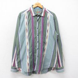 L★古着 長袖 シャツ メンズ コットン 緑他 グリーン ストライプ 25apr23 中古 トップス