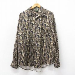 L★古着 長袖 シャツ メンズ 00年代 00s 鳥 総柄 シルク 開襟 オープンカラー 茶他 ブラウン 25apr23 中古 トップス