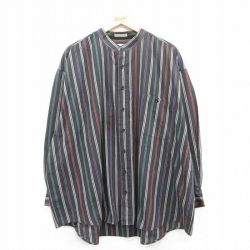 XL★古着 キングサイズ 長袖 シャツ メンズ 90年代 90s 大きいサイズ ノーカラー 黒他 ブラック ストライプ 【spe】 25apr23 中古 トップス