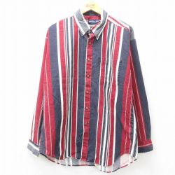 XL★古着 長袖 シャツ メンズ 90年代 90s ロング丈 コットン ボタンダウン USA製 紺他 ネイビー ストライプ 25apr25 中古 トップス