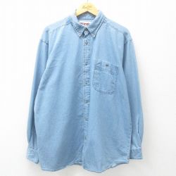 XL★古着 ラングラー Wrangler 長袖 シャツ メンズ 大きいサイズ ロング丈 ボタンダウン 紺 ネイビー デニム 【spe】 25may08 中古 トップス