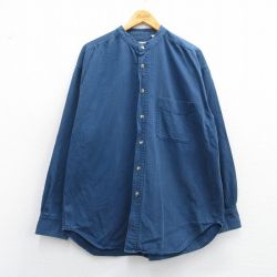 XL★古着 長袖 シャツ メンズ 90年代 90s ツイード 大きいサイズ コットン ノーカラー 紺 ネイビー ストライプ 25may12 中古 トップス