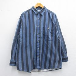 XL★古着 長袖 シャツ メンズ 90年代 90s 大きいサイズ コットン 紺他 ネイビー ストライプ 25may12 中古 トップス