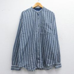 XL★古着 長袖 シャツ メンズ 00年代 00s 大きいサイズ ロング丈 コットン ノーカラー 紺他 ネイビー ストライプ 25may14 中古 トップス