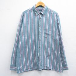 【50%OFF】XL★古着 バンヒューセン 長袖 シャツ メンズ 90年代 90s ワンポイントロゴ コットン ボタンダウン 紺系他 ネイビー ストライプ 25may14 中古 トップス
