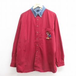 【20%OFF】XL★古着 長袖 シャツ メンズ 00年代 00s ディズニー DISNEY ミッキー MICKEY MOUSE 大きいサイズ ツートンカラー コットン ボタンダウン エンジ 【spe】 25may29 中古 トップス