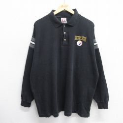 【20%OFF】XL★古着 長袖 ポロ シャツ メンズ NFL ピッツバーグスティーラーズ 大きいサイズ コットン 黒他 ブラック アメフト スーパーボウル 25may30 中古 トップス