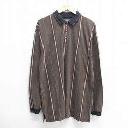 L★古着 長袖 ポロ シャツ メンズ ロング丈 茶系他 ブラウン ストライプ 25may30 中古 トップス