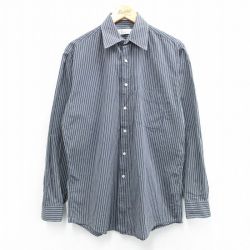 L★古着 ペリーエリス 長袖 シャツ メンズ ロング丈 コットン 濃グレー他 ストライプ 25may30 中古 トップス