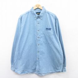 XL★古着 長袖 シャツ メンズ 00年代 00s WILDE 大きいサイズ ロング丈 コットン ボタンダウン 紺 ネイビー デニム 25may30 中古 トップス
