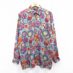 L★古着 長袖 シャツ メンズ 90年代 90s 総柄 ロング丈 シルク 緑他 グリーン 25may30 中古 トップス