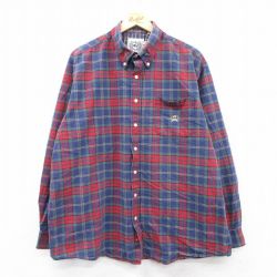 XL★古着 長袖 シャツ メンズ 90年代 90s ワンポイントロゴ 大きいサイズ ロング丈 コットン ボタンダウン 紺他 ネイビー チェック 25may30 中古 トップス