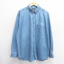 XL★古着 長袖 シャツ メンズ 90年代 90s 日産フォークリフト 大きいサイズ コットン ボタンダウン 薄紺 ネイビー デニム 【spe】 25may31 中古 トップス