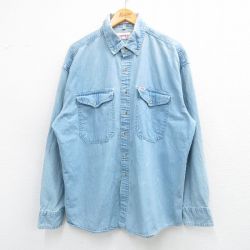 XL★古着 キャンパス 長袖 シャツ メンズ 00年代 00s 大きいサイズ コットン ボタンダウン 薄紺 ネイビー デニム 25may31 中古 トップス