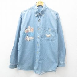 XL★古着 長袖 シャツ メンズ 90年代 90s ネコ コットン ボタンダウン 薄紺 ネイビー デニム 【spe】 25jun11 中古 トップス