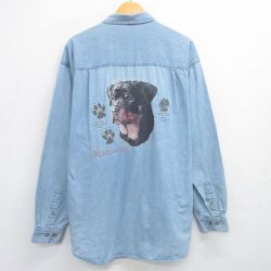 XL★古着 長袖 シャツ メンズ 犬 ロング丈 コットン ボタンダウン 紺 ネイビー デニム 【spe】 25jun19 中古 トップス