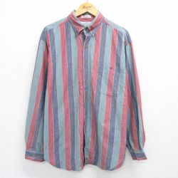 XL★古着 長袖 シャツ メンズ 00年代 00s ロング丈 コットン ボタンダウン 緑系他 グリーン ストライプ 25jun19 中古 トップス