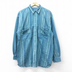 XL★古着 ビューグルボーイ 長袖 シャツ メンズ 00年代 00s ロング丈 コットン 紺系他 ネイビー ストライプ 25jun20 中古 トップス