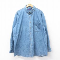 【20%OFF】XL★古着 長袖 シャツ メンズ Harrhas ラスベガス 大きいサイズ ロング丈 コットン ボタンダウン 紺 ネイビー デニム 25jun20 中古 トップス