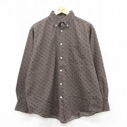 XL★古着 長袖 シャツ メンズ 総柄 コットン ボタンダウン 茶他 ブラウン 25jun23 中古 トップス