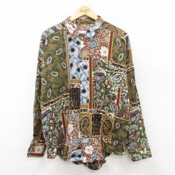 L★古着 長袖 シャツ メンズ 90年代 90s 総柄 レーヨン USA製 茶他 ブラウン 【spe】 25jun23 中古 トップス