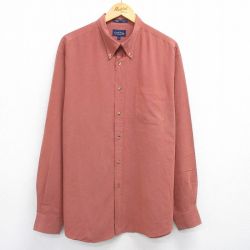 XL★古着 長袖 シャツ メンズ 大きいサイズ レーヨン ボタンダウン 茶他 ブラウン チェック 25jun26 中古 トップス