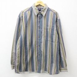 XL★古着 長袖 シャツ メンズ 90年代 90s コットン 濃紺他 ネイビー ストライプ 25jun30 中古 トップス