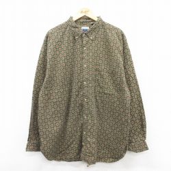 XL★古着 長袖 シャツ メンズ 00年代 00s 総柄 大きいサイズ ロング丈 コットン ボタンダウン 濃緑他 グリーン 25jul02 中古 トップス