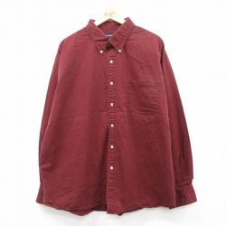 XL★古着 ランズエンド 長袖 シャツ メンズ 大きいサイズ ロング丈 コットン ボタンダウン エンジ系 25jul02 中古 トップス