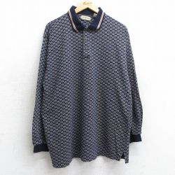 L★古着 長袖 ポロ シャツ メンズ 90年代 90s 総柄 紺他 ネイビー 25jul03 中古 トップス