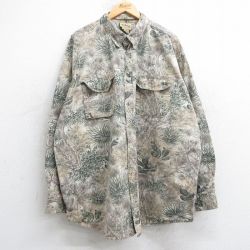 XL★古着 長袖 シャツ メンズ サボテン 木 葉 総柄 リップストップ 大きいサイズ ロング丈 コットン ボタンダウン ベージュ他 カーキ 【spe】 25jul03 中古 トップス