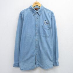 XL★古着 長袖 シャツ メンズ 鳥 大きいサイズ ロング丈 コットン ボタンダウン 薄紺 ネイビー デニム 25jul03 中古 トップス
