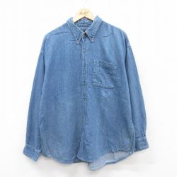 【20%OFF】XL★古着 長袖 シャツ メンズ 大きいサイズ コットン ボタンダウン 紺 ネイビー デニム 25jul05 中古 トップス